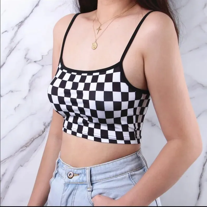 Black Red Plaid Checkerboard Tank Top Halter Women Bare Midriff Crop Tops Camis Fashion Tube Top Female Sleeveless Cropped Vest — image 5