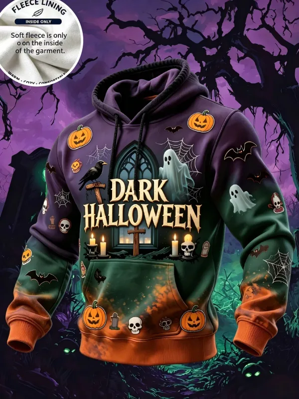 3D Print Halloween Fleece Hoodie Ghost Pumpkin Bat Spider Web Candle Graveyard Pullover Long Sleeve Kangaroo Pocket Sweatshirt — image 6