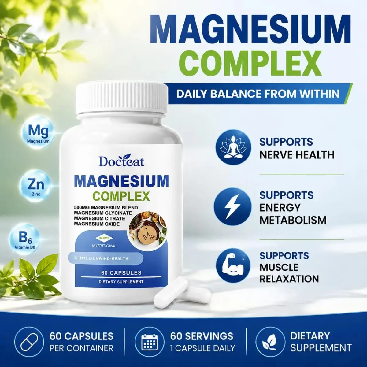 Docteat Magnesium Complex Capsules 500mg L-Theanine Taurine Supports Nerve Health Energy Metabolism Muscle Relaxation 60 Caps — image 2