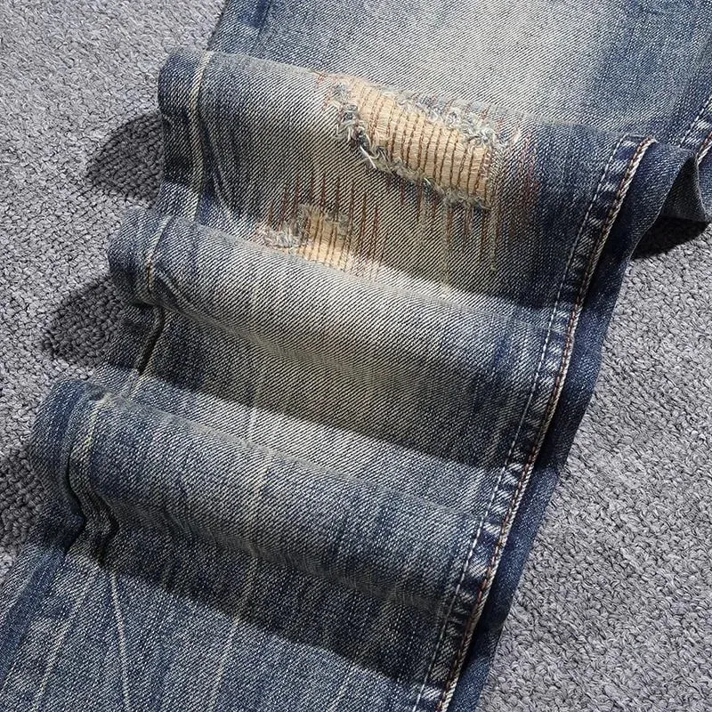 2023 Spring and Autumn New Classic Fashion Solid Color Ripped Small Foot Pants Men's Casual Comfort Elastic High Quality Jeans — image 4