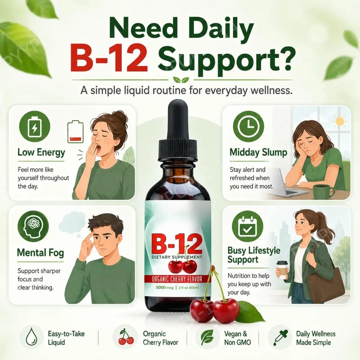 Vitamin B12 Methylcobalamin Liquid Drops 5000 mcg třešňová příchuť 2 fl oz 60 porcí Veganský denní doplněk bez cukru