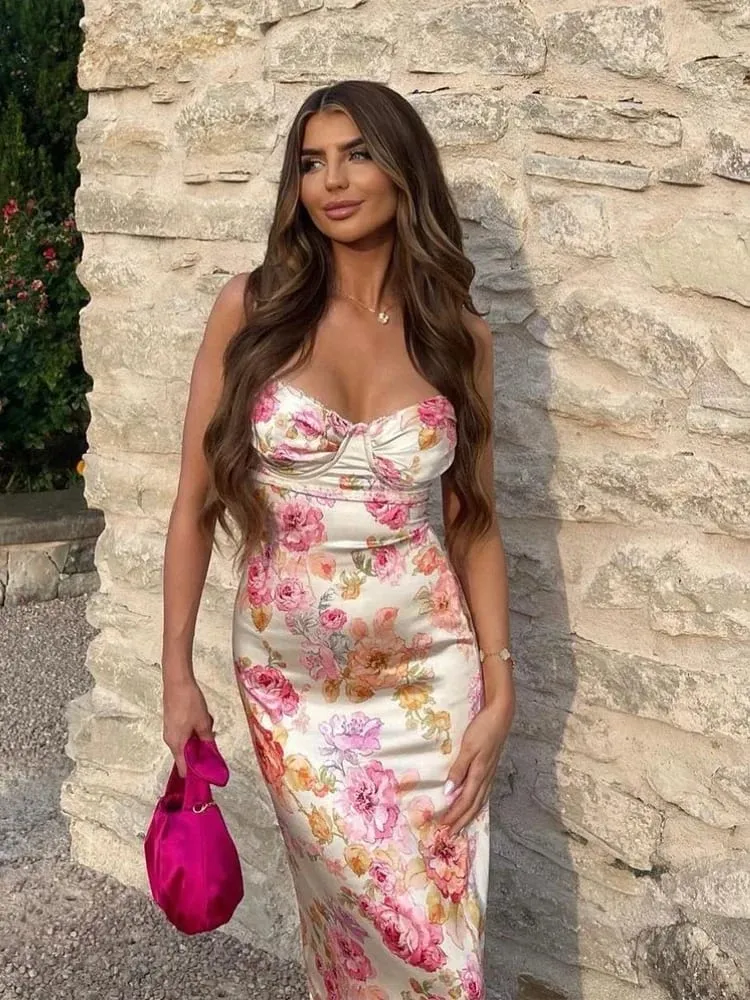 Suninheart Summer Spaghetti Strap Floral Print Party Dresses Elegant Maxi Bodycon Wedding Guest Holiday Dress New In Dress 2023 — image 2