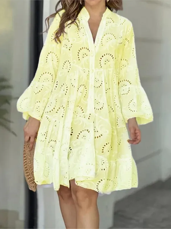 Customizable Summer Loose Vintage Solid Lace Dress Fashion V-neck Flare Sleeve Embroidery Dress — image 5