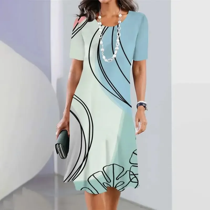 New Geometric Curve Graphic Print Women's Dresses Elegant Loose Short Sleeve O-Neck Summer Dresses Female Fashion Sundress — image 6