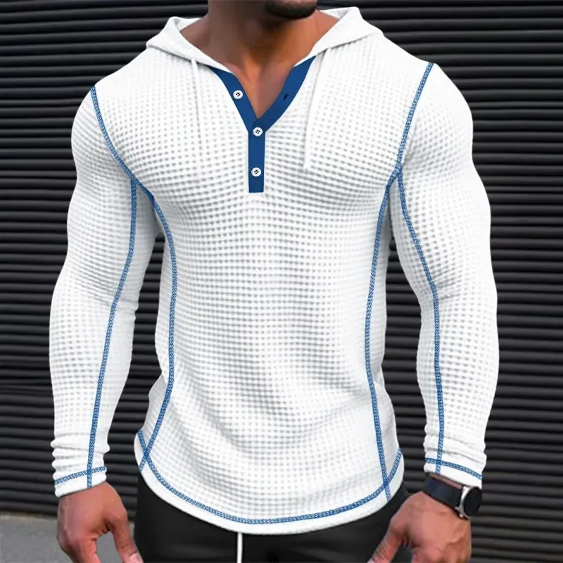 Waffle Solid Fabric Slim Fit Hoodies Men V-neck Button Casual Sweatshirts Hip Hop Street Sweater Men's Sports Tops Long Sleeve — image 7