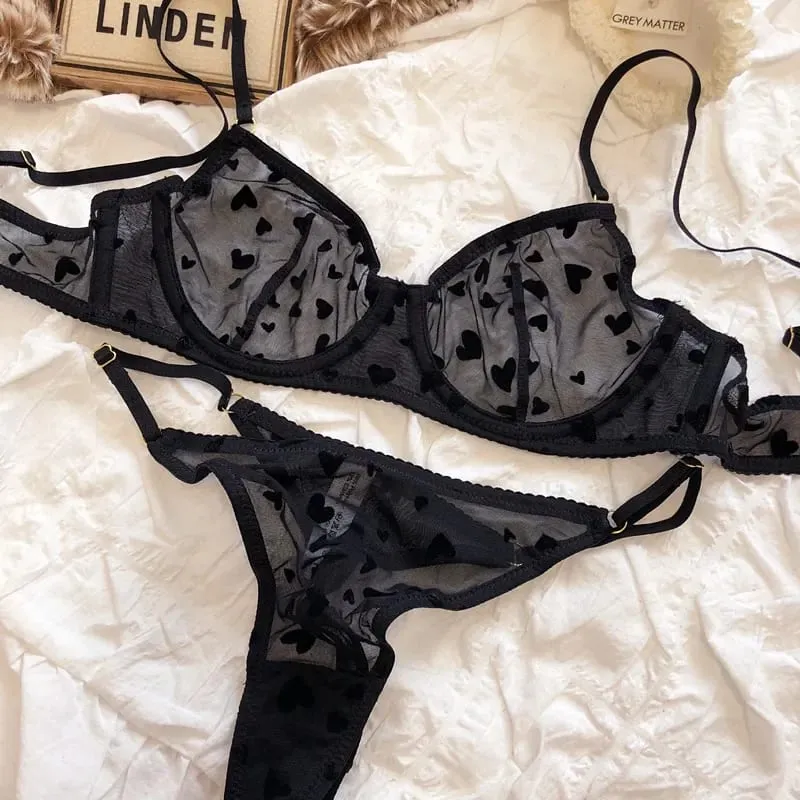 2 Pieces Lingerie Set Sexy Ultra Thin Breathable Brassiere for Women Push Up Bra Set Summer Mesh Romantic Peach Heart Intimates — image 6