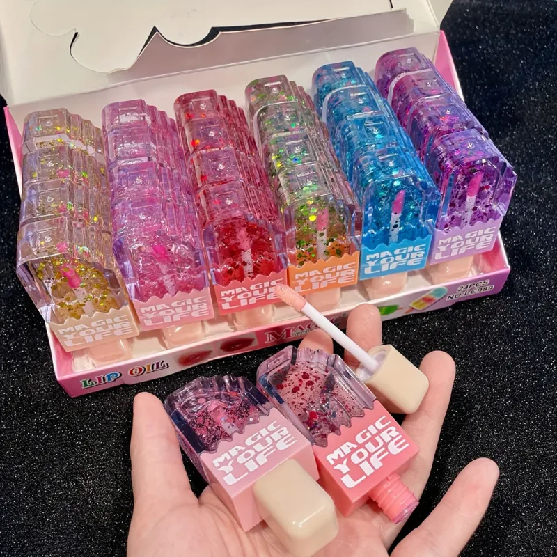 24pcs Cute Ice Cream Sequin Lip Gloss Colorchanged Lip Gloss Girls Kawaii Natural Moisturizing Lips Makeup Party Gifts — image 3