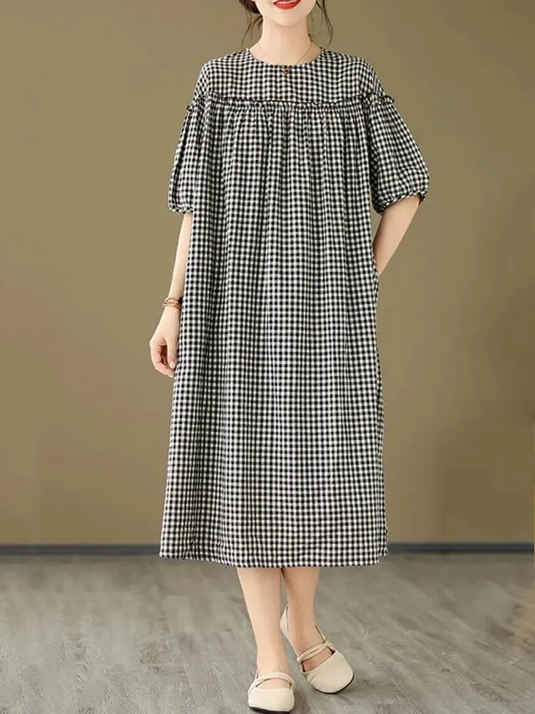 short sleeve oversized cotton linen vintage plaid new in dresses for women casual loose long summer dress elegant clothing 2026 — image 6