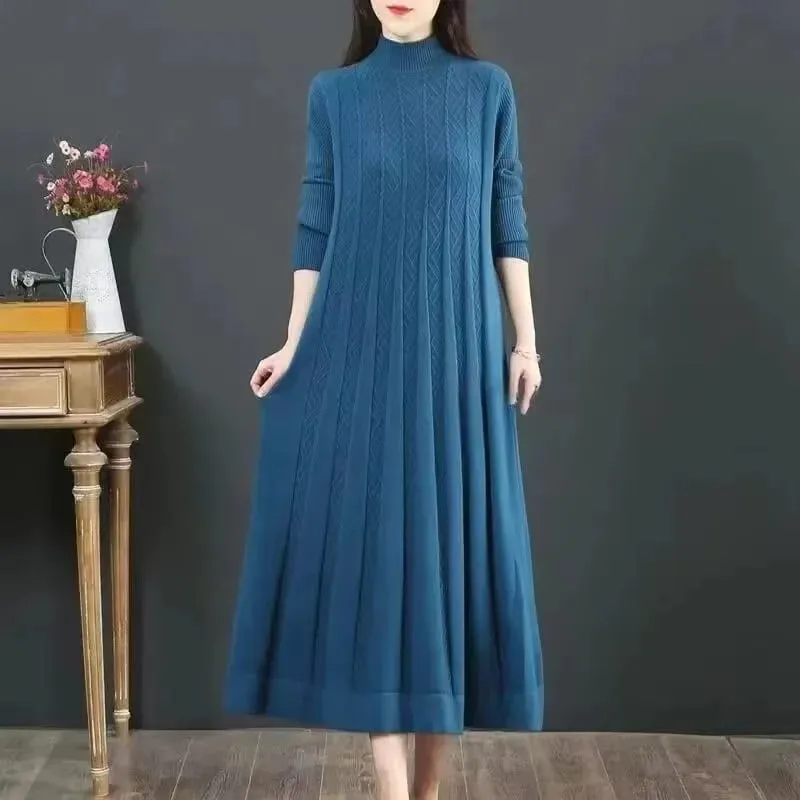 Autumn/Winter Women Knitted Dress 2025 New Solid Loose Pullover Half High Collar Long Knitted Sweater Dress Female High-Quality — image 2