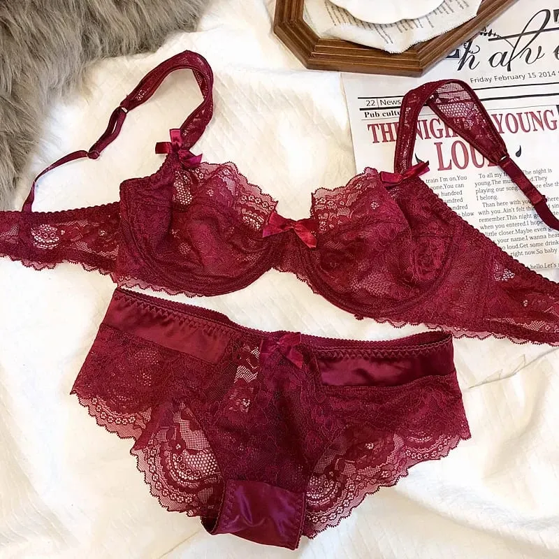 French Romantic Ultra-thin Lace Sexy Transparent Gathering Big Breasts Show Small Underwire Bra Cover Underwear Set Women — image 8