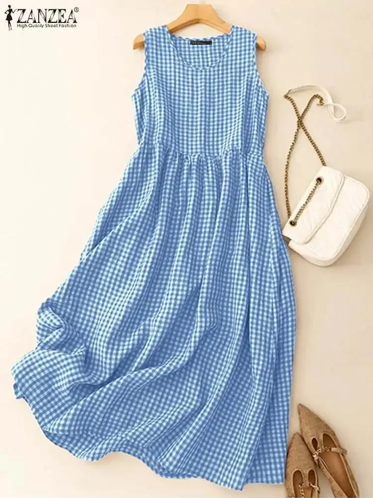 Summer Plaid Checked Sundress Sleeveless Bohemain Holiday Dresses Women Elegant O Neck Dress Casual Baggy Work Vestidos — image 4