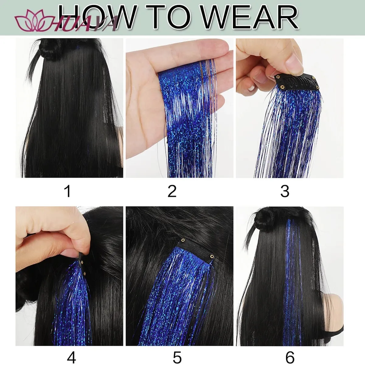 Synthetic Multicolor Colorful Sparkle Clip in Hair Tinsel Strands Long Straight Hair Extensions Blue Silver Highlight Hairpieces