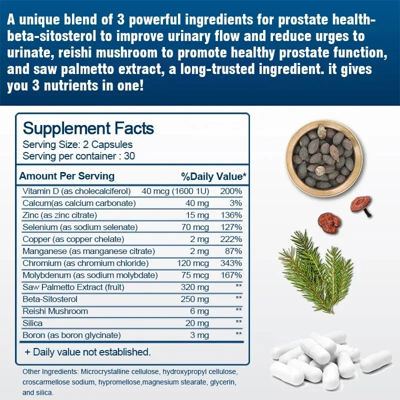 Advanced with Saw Palmetto 13 in 1 - Prostate Bladder & Urinary Health with Beta-sitosterol Reishi Vitamin D Supplement — image 4