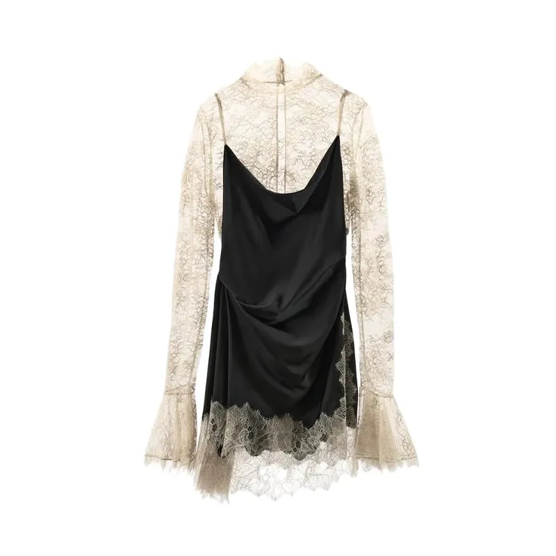 Elegant Satin Floral Lace Patchwork Mini Dress For Women Irregular Hem Long Sleeve Dresses Lady 2026 Chic Evening Party Vestidos