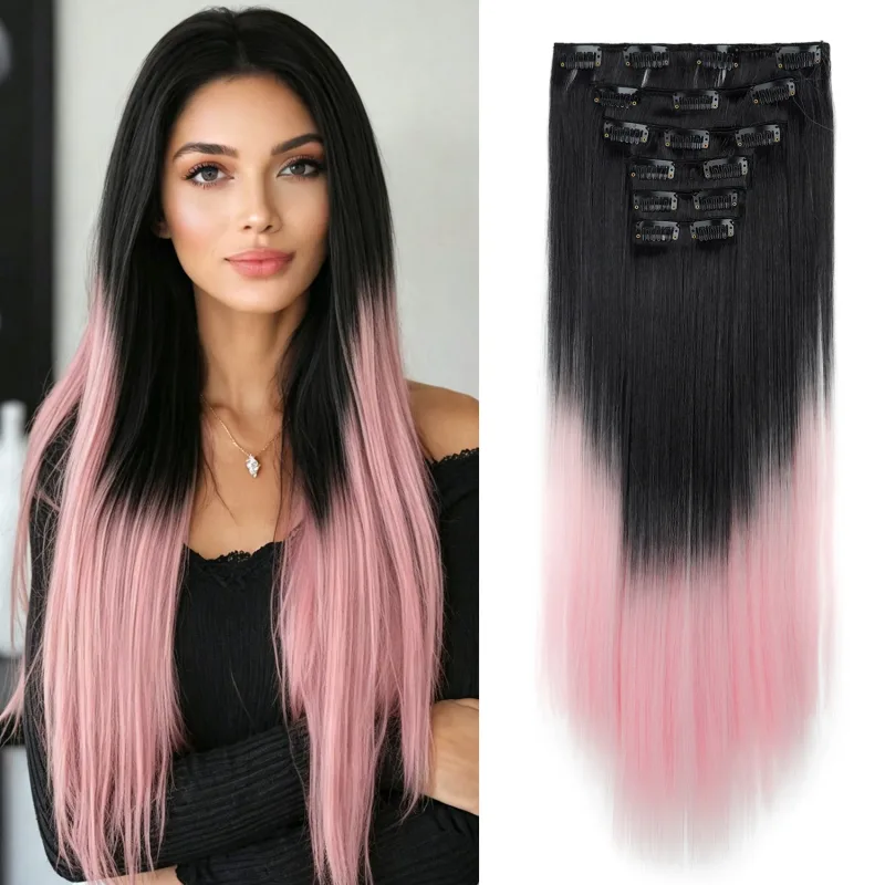 6 ks 24palcových Ombre Color Clip-in prodloužení vlasů Dlouhé syntetické rovné příčesky Vrstvené měkké neviditelné Clip In prodloužení — image 1
