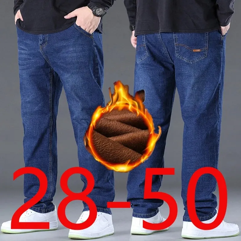 Oversized Plus Velvet Thick Jeans Men's Winter Youth Straight Loose Fleece Warm Pants High Waist Men's Plus Size 52 50 10XL — image 2
