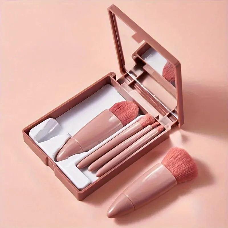5pcs Mini Makeup Brush Set with Mirror - Multifunctional Travel Cosmetic Brushes Unscented Palm Brush Design Makeup Tools — image 2