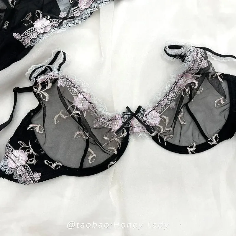 Embroidery Lace Push-Up Bra Set Full Bust Petite Adjustable Lift Support Anti-Sagging Breathable Sexy Lingerie for Women
