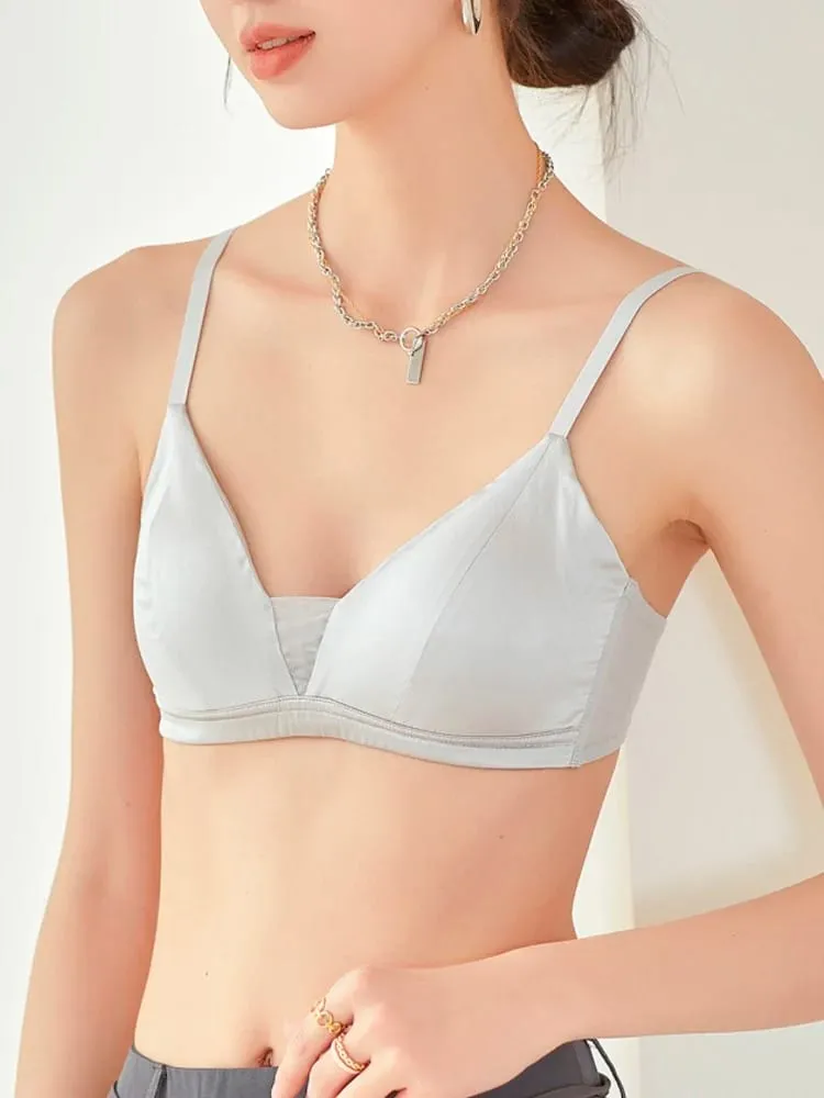 SuyaDream Dámská sada hedvábné podprsenky 93%Hedvábí 7%Spandex Spodní prádlo bez drátěnky 2023 Pohodlné intimky Stříbrná Růžová