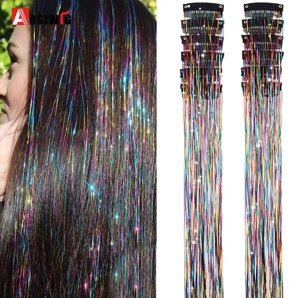 12Pcs/Pack Sparkle Blonde Hair Extensions Clip In Rainbow Shiny Sparkle Hair Tinsel Heat Resistant Sparkle Hair Extensions For W