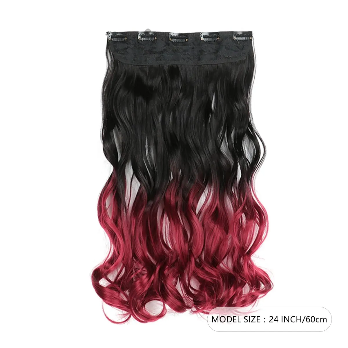 24 Inch Ombre Dip Dye Long Curly Clip in Hair Extensions Two Tone Thick Full Head Synthetic Hairpieces (Black to Dark Red) — image 2