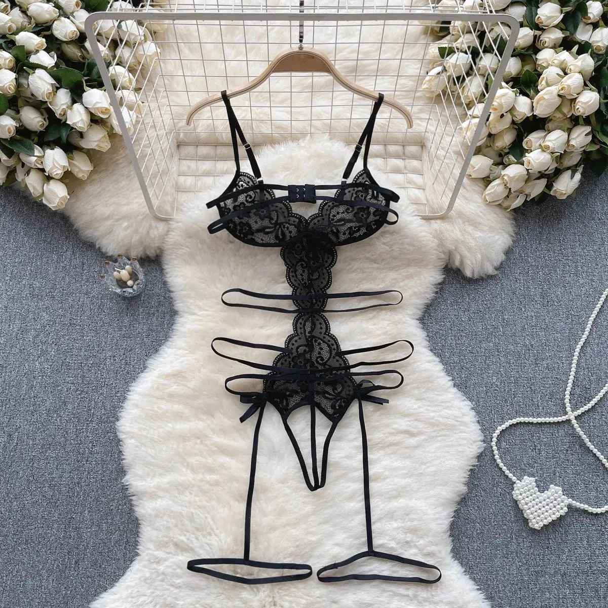 Women' Hollow Lace Camisole Bodysuit V-Neck Backless Sleeveless Erotic Lingerie Slim Fit Bow Pajamas Sexy Black Sheer Playsuit — image 2