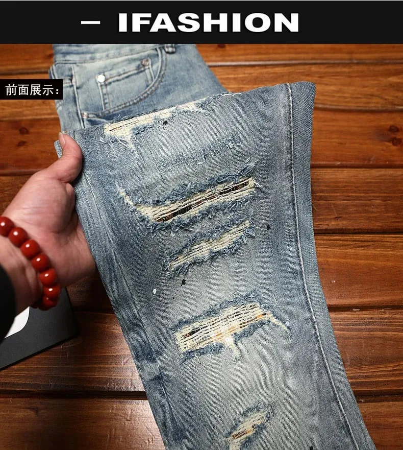 Ripped patch jeans for men scraped and worn summer slim fit small feet elastic fashionable nostalgic retro long pants