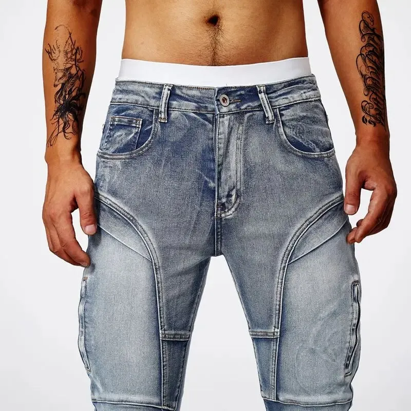 Two tone distressed patchwork jeans for men trendy jeans for summer thin straight leg pants slim fit small leg distressed jeans