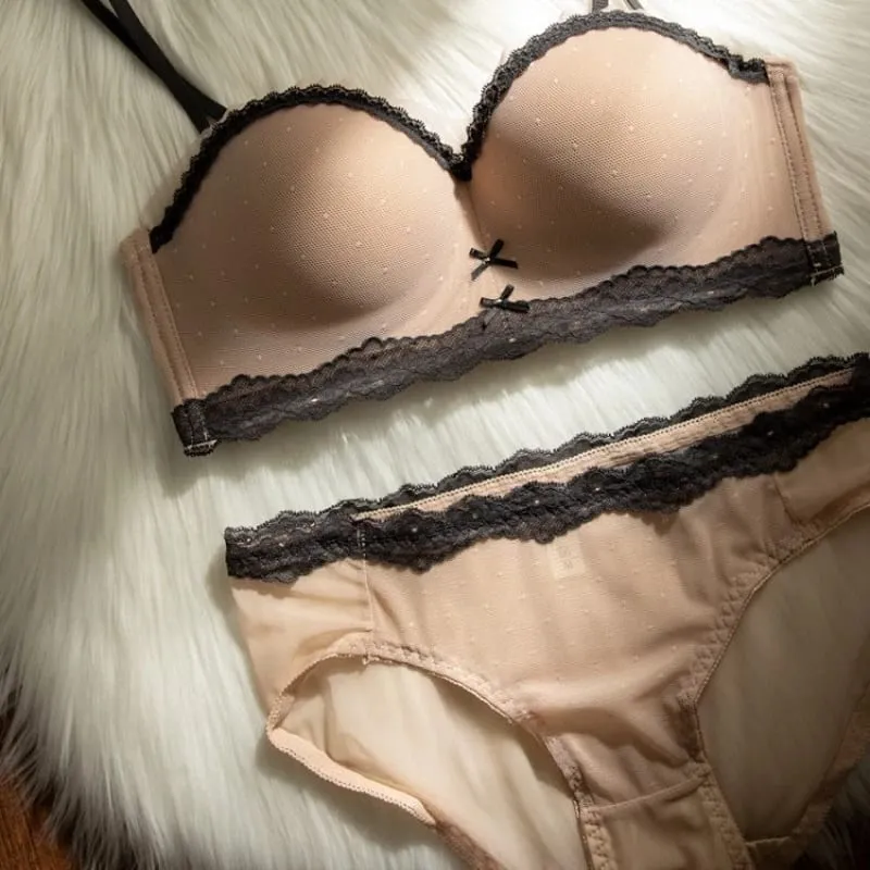 Sexy Mesh Wire Free Underwear Set Women Lace Dot 1/2 Palm Cup Push Up Bra Summer Detachable Strap Lingerie and Panties Sets — image 2