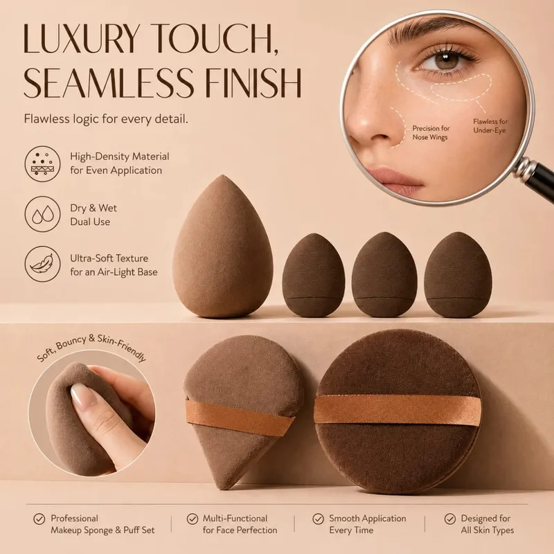 12-delat sminkborsteset med 6 platta och runda borstar och 6 svampar för Foundation Powder Blush och ögonskugga — image 8