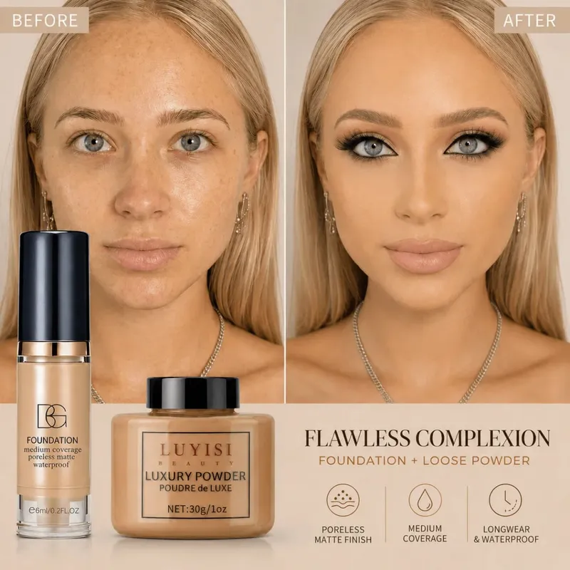 Facial Makeup Set:1pc Matte Loose Powder+1pc Waterproof Fundation High-Coverage Long-Lasting Oil Control Creat Natural Looks. — image 5