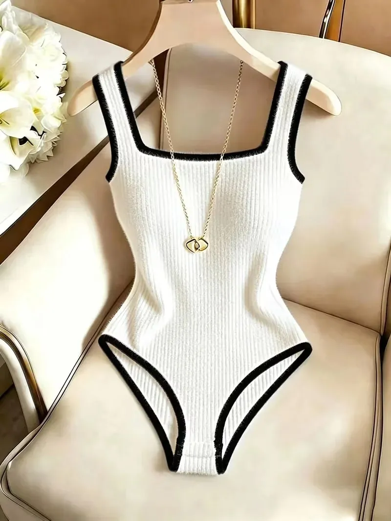 3pcs Women's Ribbed Bodysuit Set Fashionable Black Piped Square Neck Waist-Cinching Style Summer Nightlife Wear Elegant Beach Ou — image 4