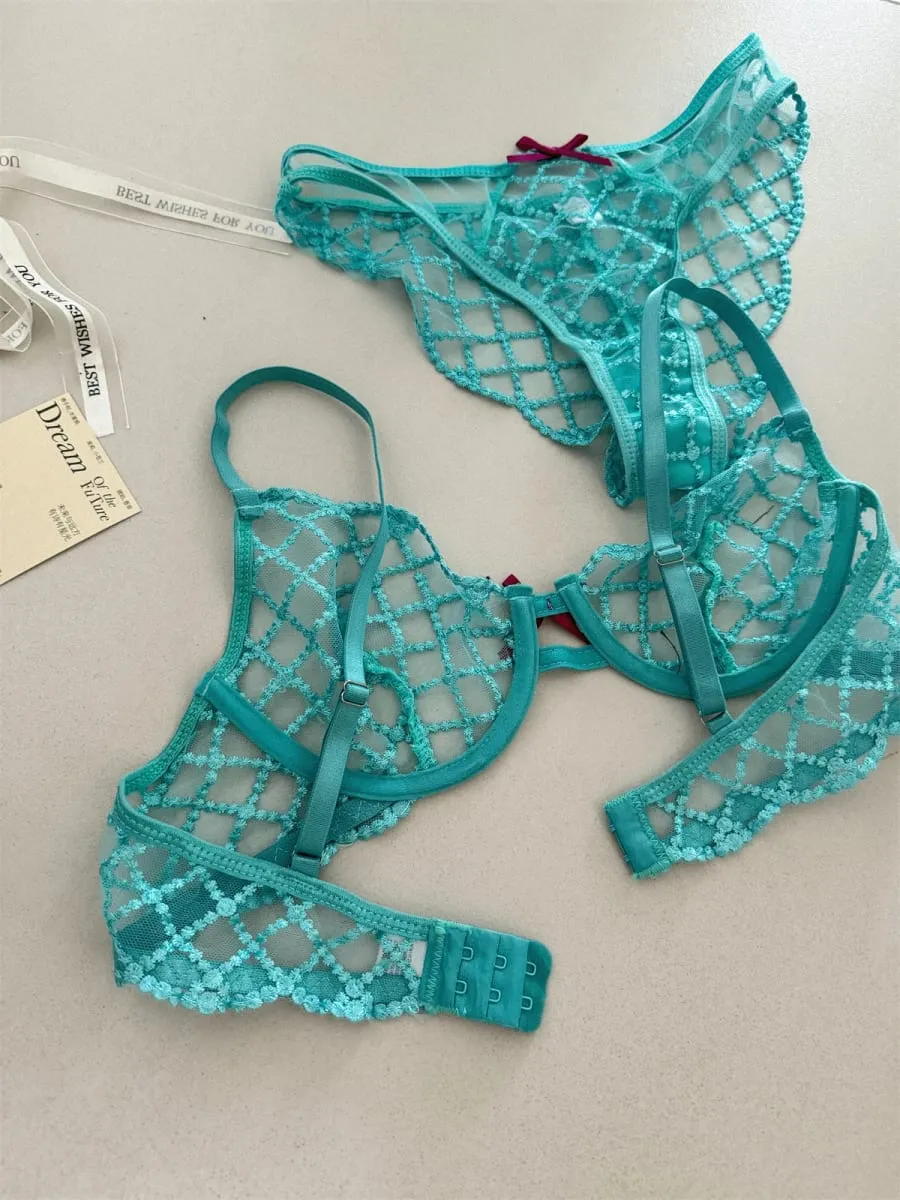 Mermaid blue three-piece lingerie set of thin large breast underwear sexy lace bra breathable romantic bras with underpants suit — image 2
