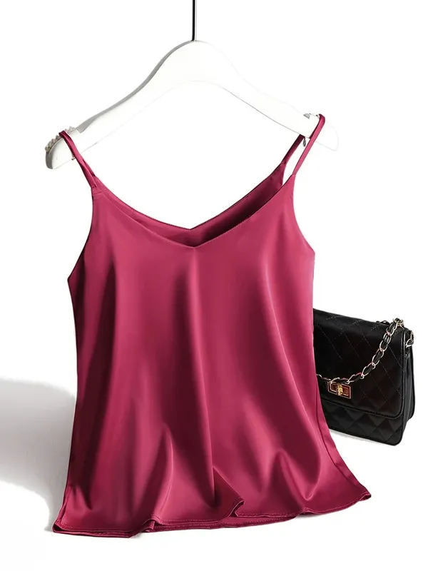 2026 Spaghetti Strap Top Women Halter V Neck Basic White Cami Sleeveless Satin Silk Tank Tops Women'S Summer Camisole — image 17
