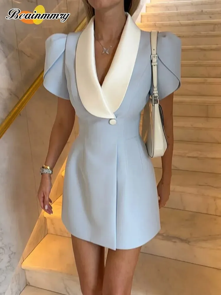 Contrast Lapel Collar Blazer Mini Dress Elegant Waist Cinching Puff Sleeve Bodycon Dresses Lady Chic Urban Fashion Daily Outfit — image 2