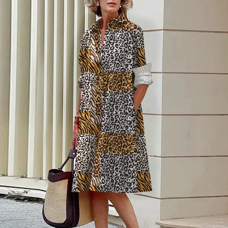 2024 Elegant Ladies Long Sleeve Shirt Dress Lapel Button Exquisite Printing Mid-Length Dress Casual Loose Commuter Shirt Dresses — image 11