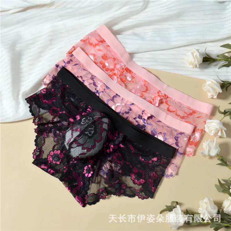 Renda sexy roupa interior suave dos homens bolsa calcinha perspectiva fina floral homem briefs tentação malha baixa ascensão respirável cuecas — image 7