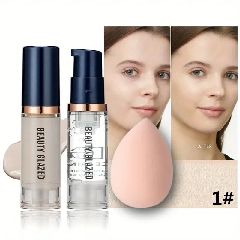3Pcs Face Makeup Set Matte Long Lasting Waterproof Liquid Foundation+Primer+Puff