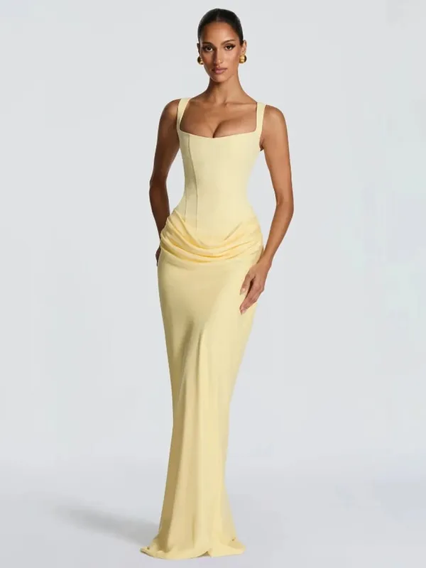 Gaun Panjang Berlipat Tanpa Tali Kuning Elegan Gaun Split Cinching Pinggang Tanpa Lengan Solid Chic Wanita 2026 Jubah Pesta Malam Wanita