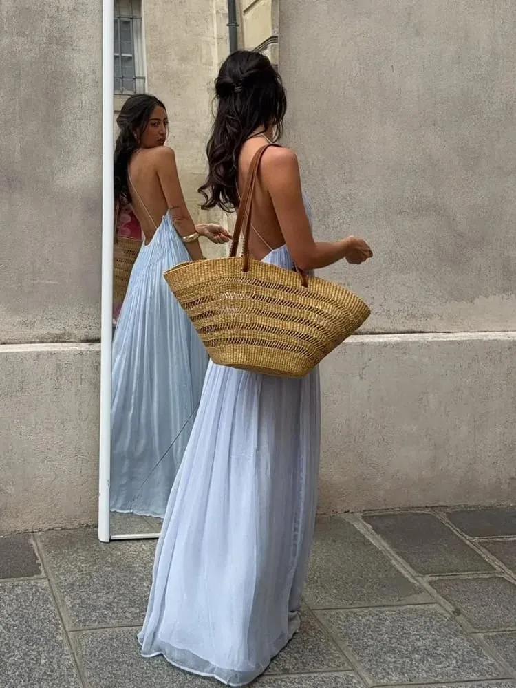 Robe longue plissée de couleur unie pour femmes, Sexy, élégante, sans manches, bretelles, dos nu, Slim Fit, Robe de plage, de fête — image 4