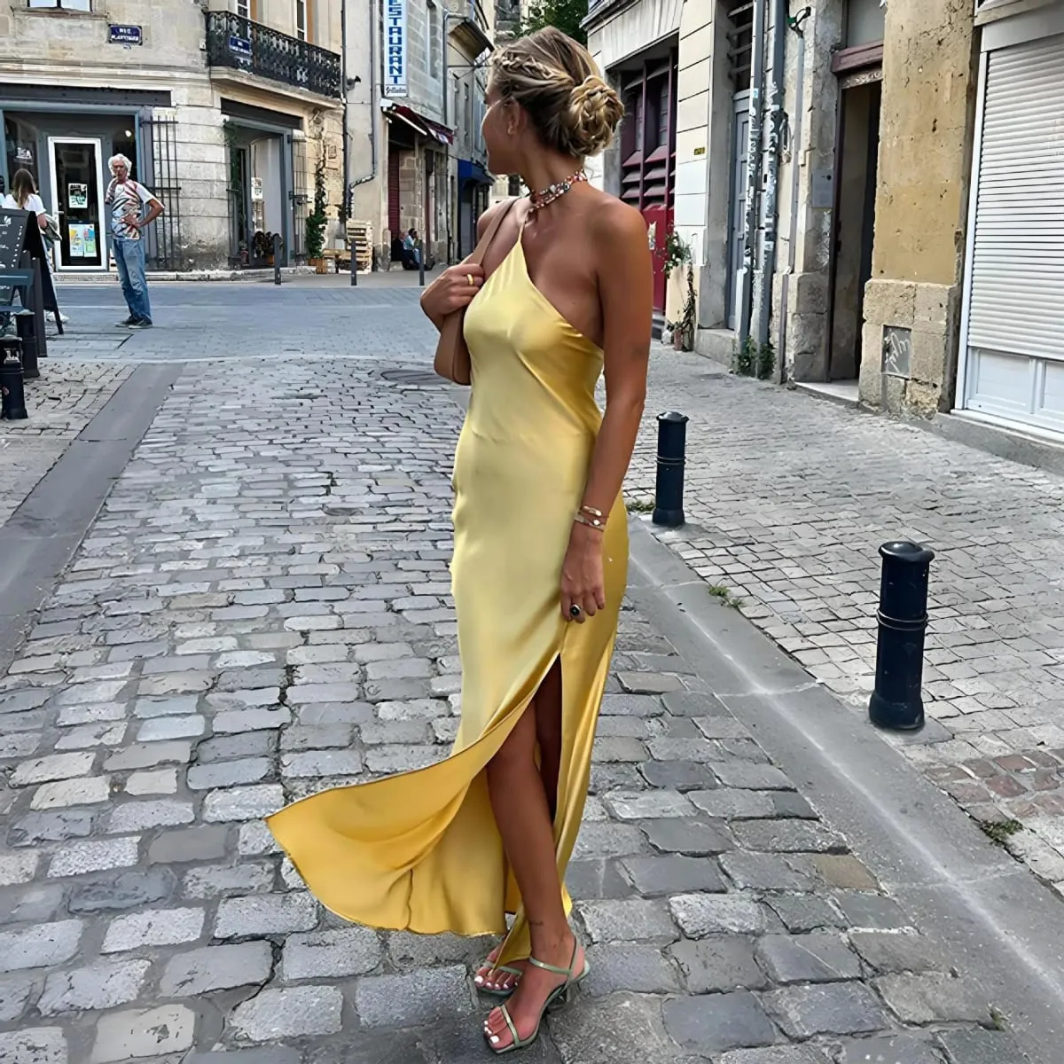 Elegant Women Yellow Satin Sling Long Dresses Sexy V Neck Backless Sleeveless High Waisted Robes Chic Lady Evening Party Gowns — image 3