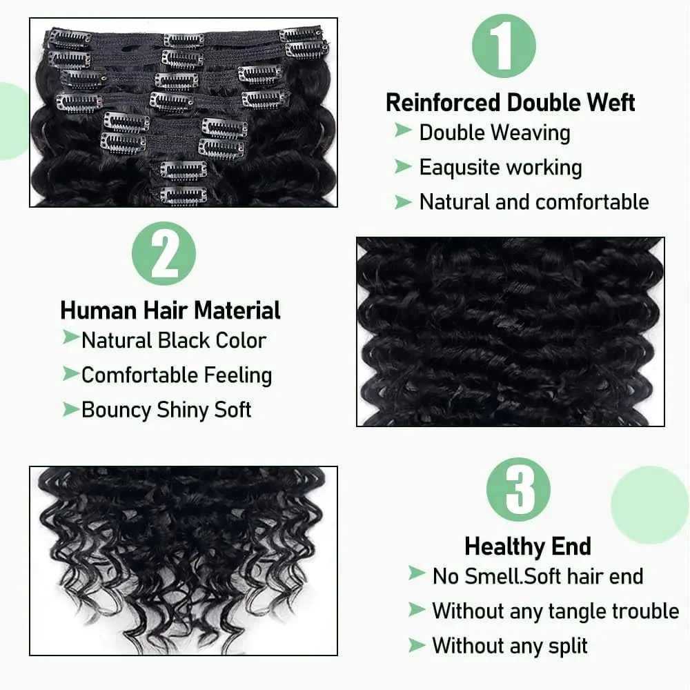 Human Hair Deep Wave Clip In Hair Extensions Brazilian Clip In 8 Pcs/Set Natural Black Color Clip Ins Remy Hair 10-26 Inch 120G — image 3