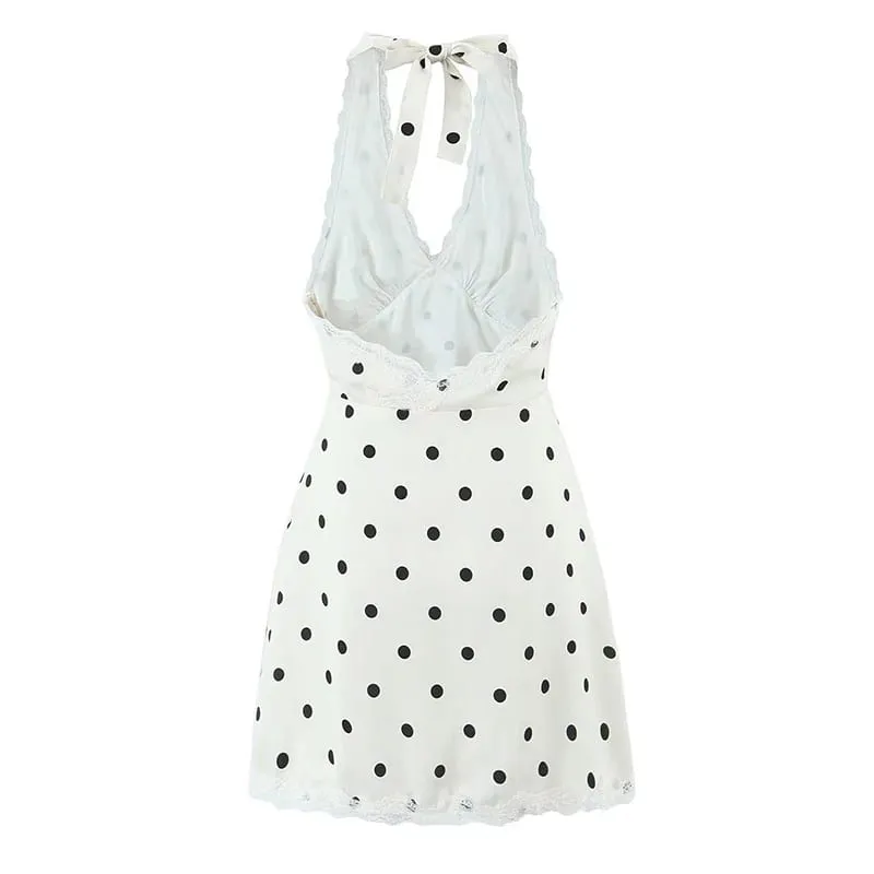 Lace Spliced Polka Dot Halter Dress Women Elegant A-line Mini Sexy Backless Dresses Summer Robe 2025