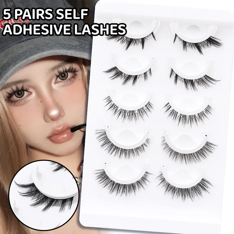 5 paires de faux cils auto-adhésifs Manga de Style mixte, sans colle, bande naturelle réutilisable, pour le maquillage quotidien des yeux — image 2