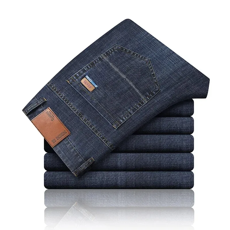 New Ice Silk Thin Denim Jeans For Men Blue Straight Stretch Cotton Pants Business Casual Lightweight Trousers Spring Summer