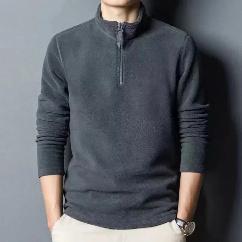 Autumn Winter New Warm Polo Shirts Men's Lamb Wool Sweatshirt Standing Neck Half Zip Long Sleeve Fashion Versatile Men Tees Tops — image 2