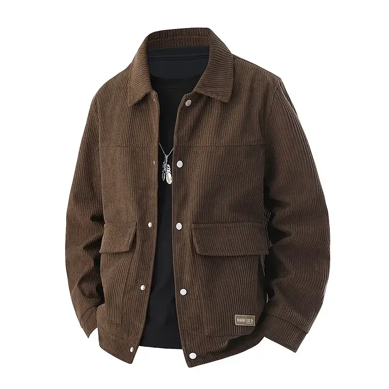 Men Classic Lapel Corduroy Jacket Metal Snap Button Large Patch Pockets Retro Vintage Casual Workwear Streetwear Male Outer Coat — image 1