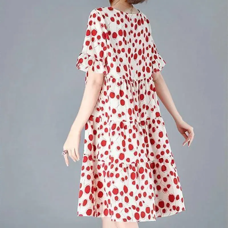 Female Clothing Casual Dot Printed A-Line Dresses Summer Butterfly Sleeve Korean Round Neck All-match Loose Spliced Midi Dress — image 6