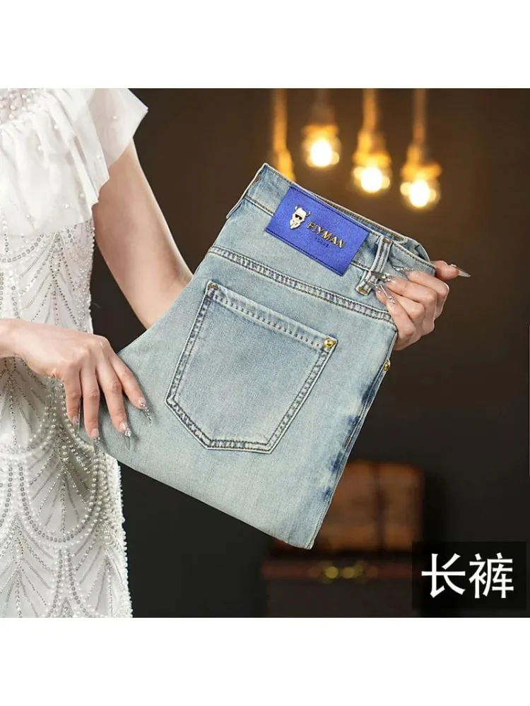 Summer thin 2025 new jeans men's slim fit small foot trendy brand fashionable light luxury elastic denim casual long pants