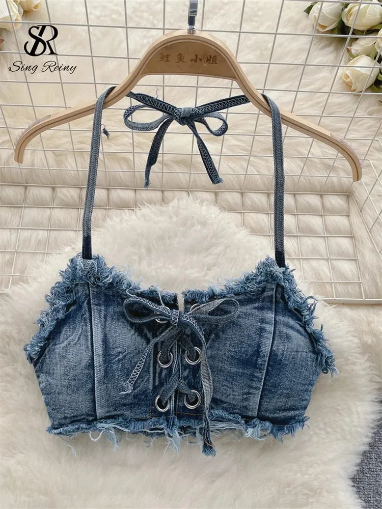 Retro Women Bikini Denim Suits Summer Halter Camis+ Mini Pant Lingerie Fashion Vacation Swimsuits Sexy Bra&Briefs Sets — image 3